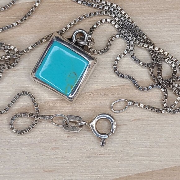 Vintage Sterling Silver Square Turquoise Pendant Necklace Minimalist 19" - Picture 6 of 8